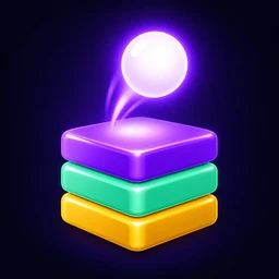Lumenfall app icon: a glowing ball of light bouncing off a stack of violet, green and gold bricks