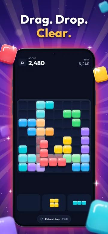 Drag. Drop. Clear. Colourful jelly blocks on the 8×8 board, with three pieces waiting in the tray.