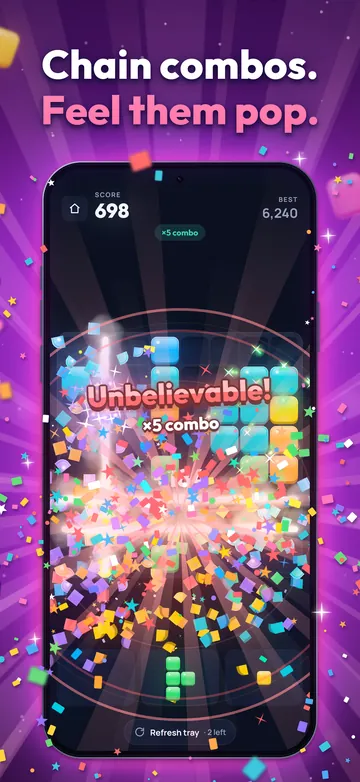 Chain combos. Feel them pop. A ×5 combo fills the screen with rays of light and confetti.