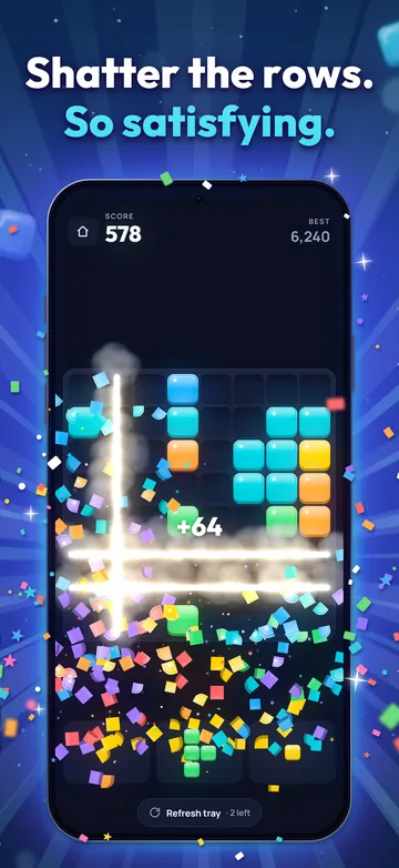 Shatter the rows. So satisfying. A cleared row breaks into glowing fragments and sparks.