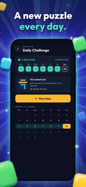 A new puzzle every day. The Daily Challenge screen with a six-day streak and a month calendar.
