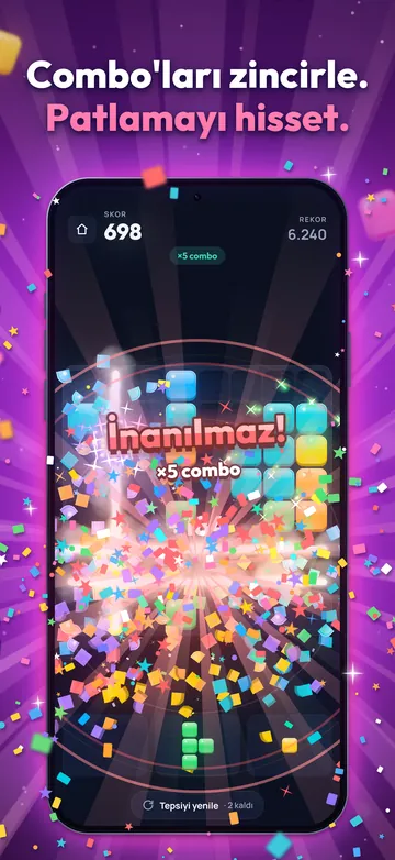 Combo'ları zincirle, patlamayı hisset. ×5 combo ekranı ışık ışınları ve konfetiyle dolduruyor.